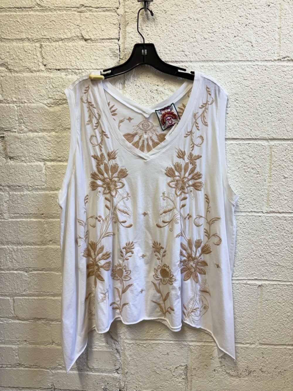 Johnny Was White V-Neck Drape Tank with Tan Floral Embroidery